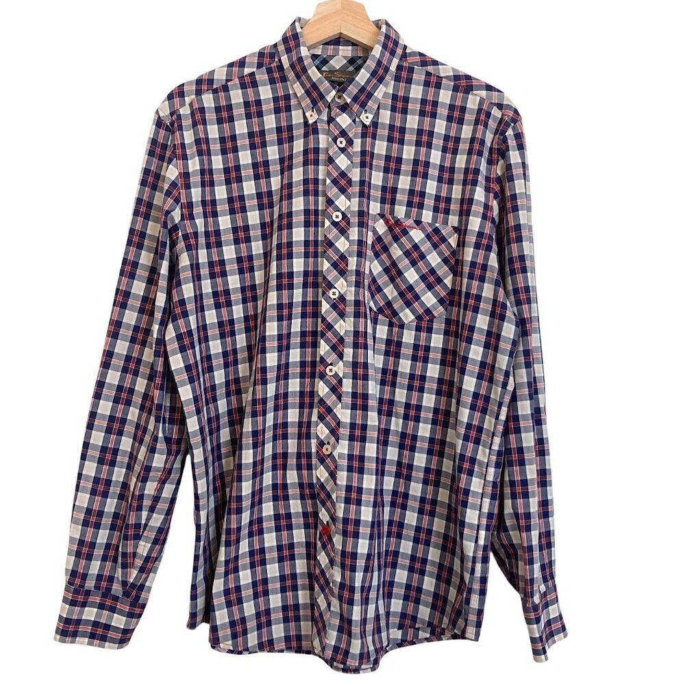 Ben Sherman Plaid Button Down Shirt M Cotton Long Sleeve Embroidered Logo